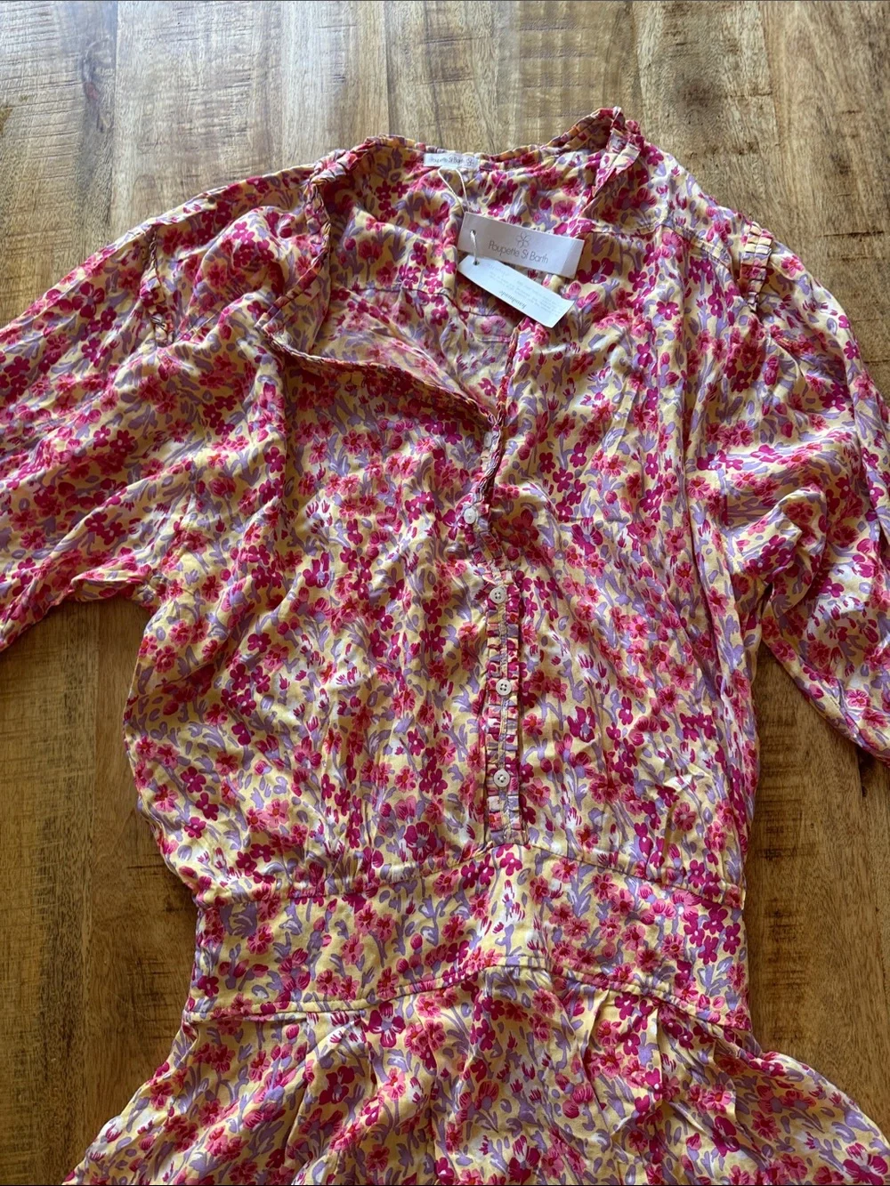 Poupette St Barth Caline Purple Daffodil Floral Tiered Ruffle Mini Dress NWT Lg